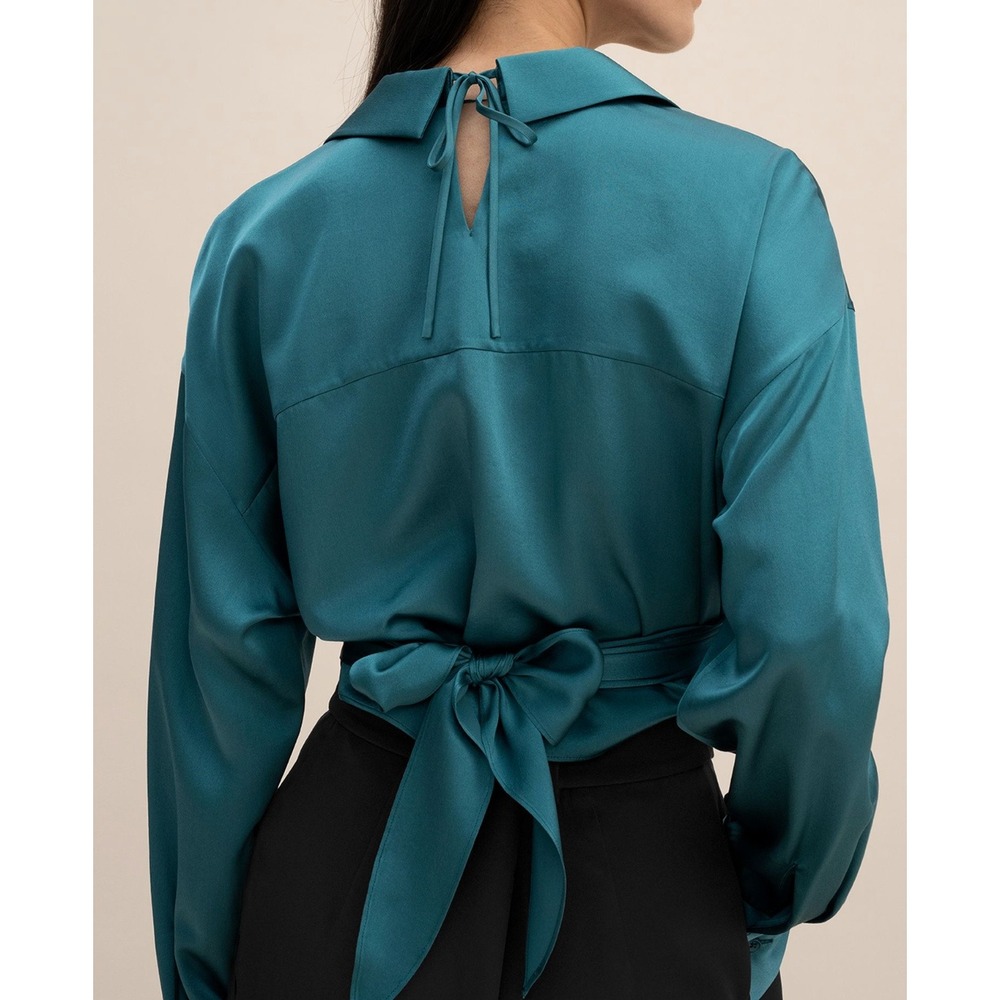 Lilysilk Mulberry Silk Wrapover Cropped Shirt Blouse Adriatic Blue Women Org$185 - Picture 2 of 12